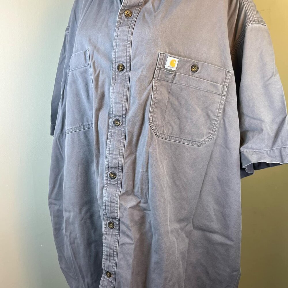 Vintage Carhartt Mens 3XL Distressed Short Sleeve Button Shirt Gray WorkWear
